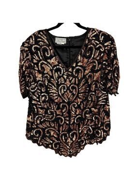 Adrianna Papell Black Gold Sequin Blouse Top Women’s XL Vintage 80s